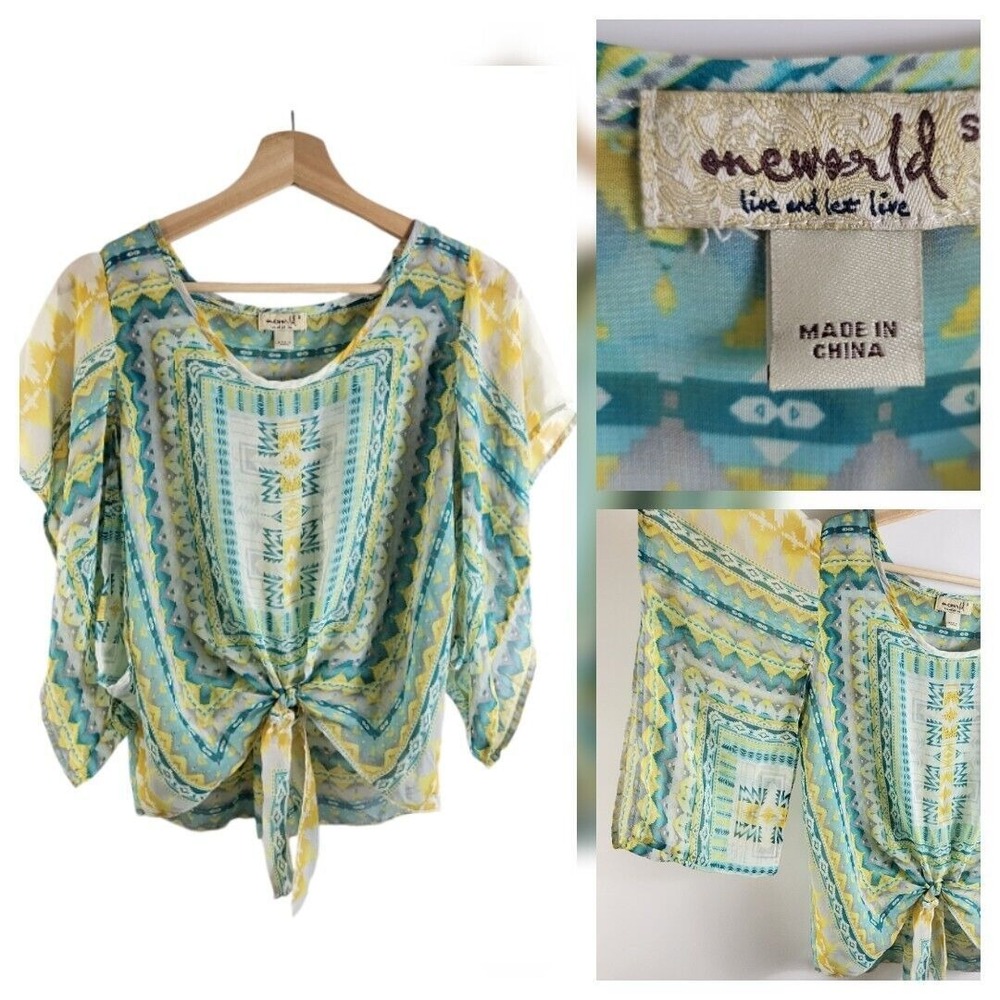 One World Womens S Sheer Cropped Top Green- Boho Multicolor Vacation Summer